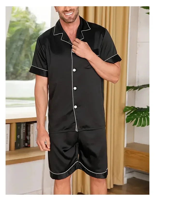 Men's pajamas set for summer short sleeve pocket button down shirt & Shorts Pyjama loungewear set sleepwear pijama home clothing