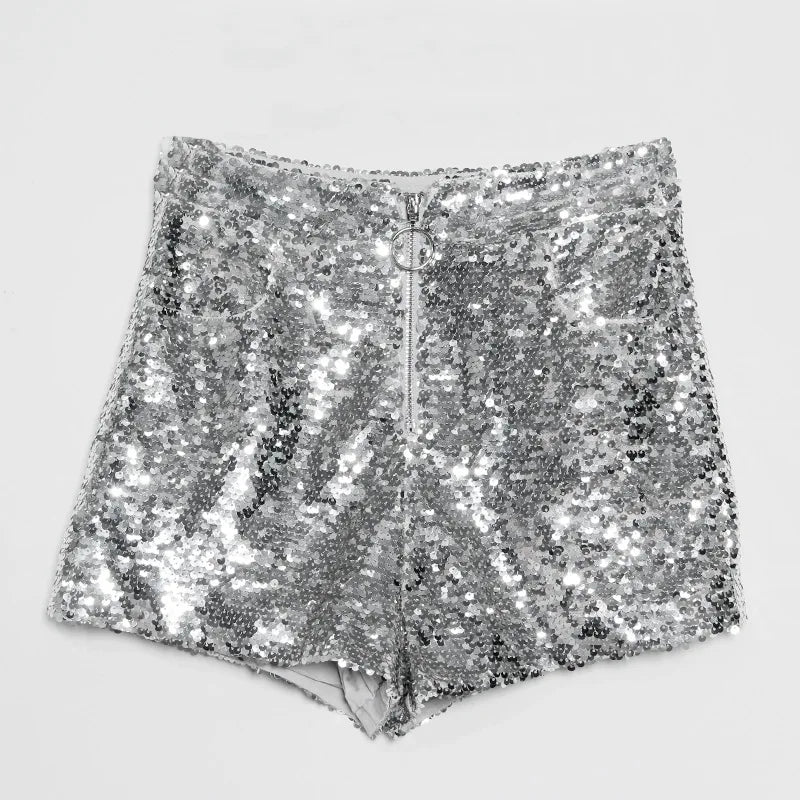 Sexy Women Sequin Shorts Summer High Waist O-Ring Zip Bodycon Shorts Feminino Skinny Party Club Festival Raves Pole Dance Shorts