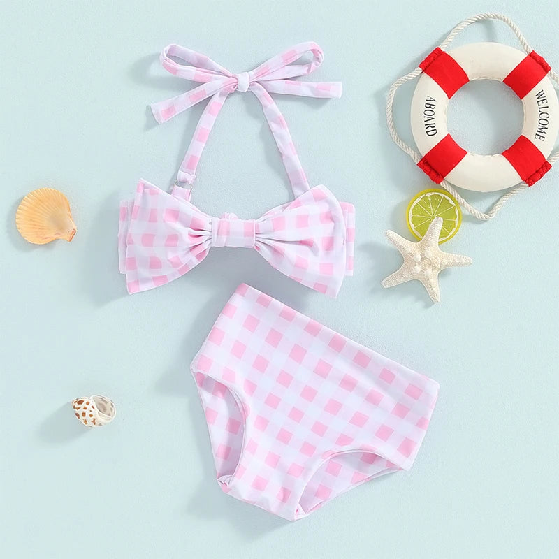 Citgeett Summer Kids Girls Bikini Outfits Set Flower Plaid Print Sleeveless Bow Bikini Tops Shorts Swimsuit Clothes