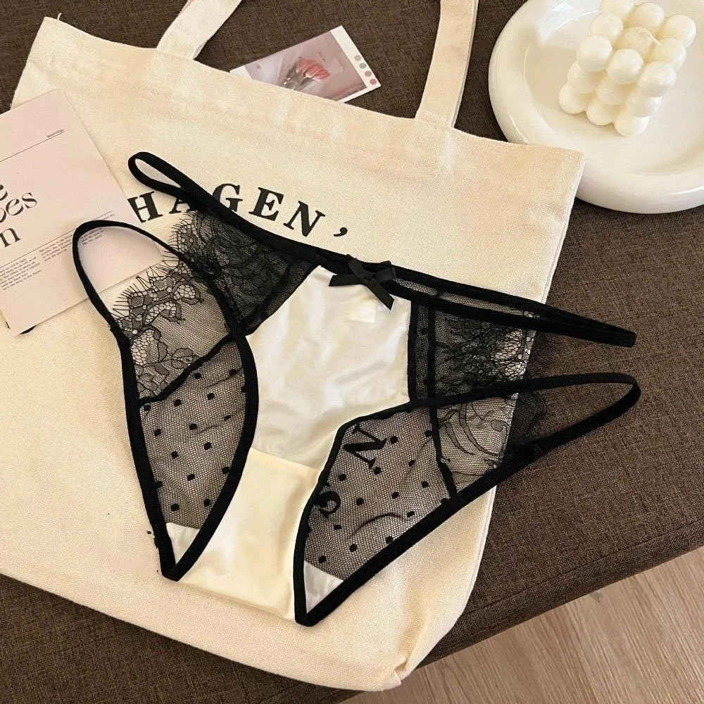 Lingerie Low Waist Underwear for Women Bow Transparent Sweet Lace Panties Hollow Mesh Satin Silk Briefs Girl
