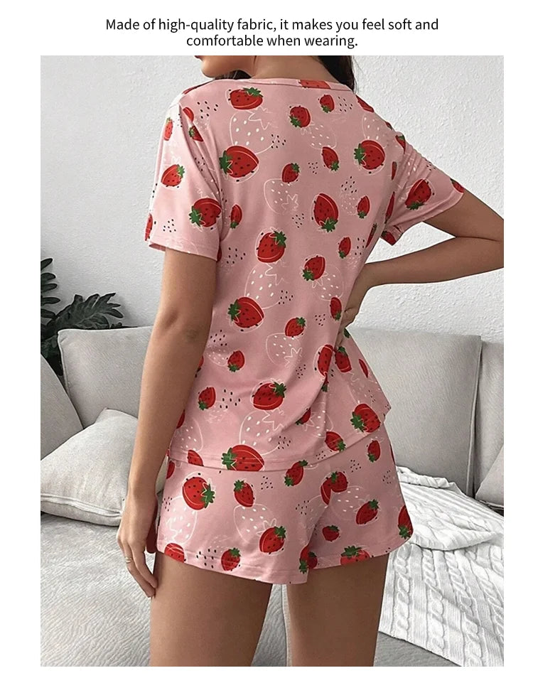 Pajamas Set for Women Breathable Cherry & flower Print Sleepwear Comfy Camisole Top and Shorts Pyjama Home Loungewear for Ladies