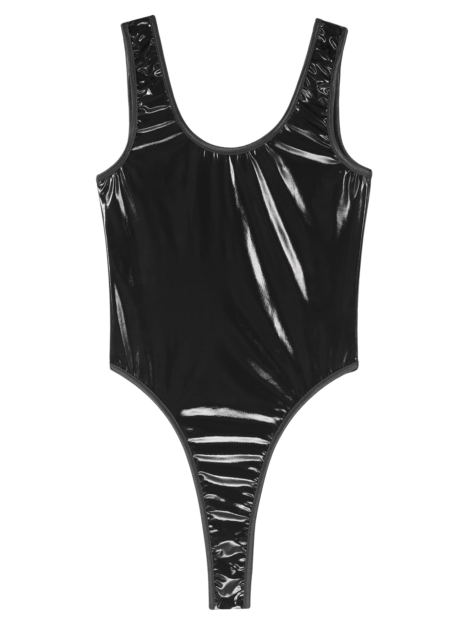 Womens Lingerie Crotchless Bodysuit Swimsuit U Neck Wet Look Patent Leather Clubwear High Cut Backless Catsuit Pole Dance Outfit