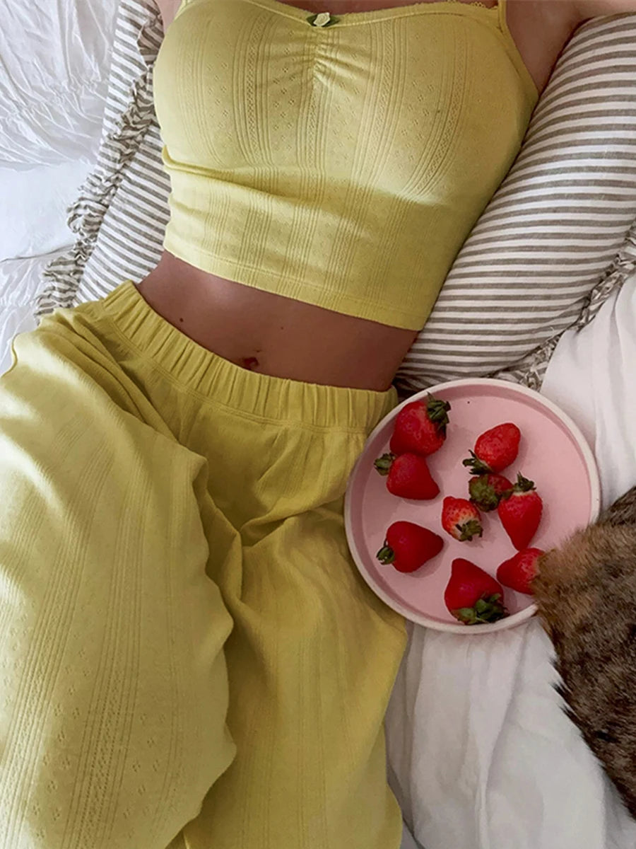 Camisole Pajama Set For Women With Long Pants Yellow Two Piece Loungewear Sleepwear For Home Casual Wear Comfortable Sexy Pajama