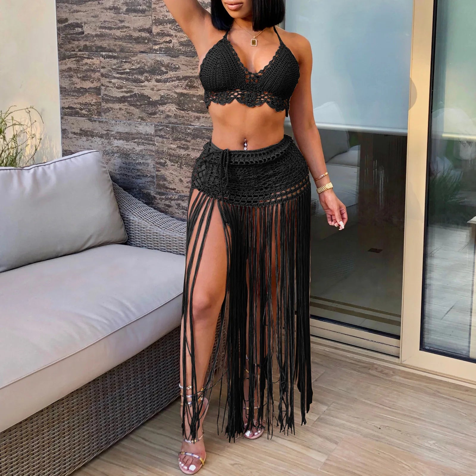 New Women's Two Pieces Swimsuits Beach Style Knitted Bikini Tops High Waist Tassel Long Skirts Female Sexy Cover Up Bikini Sets