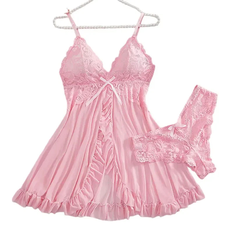 New Deep V Slip Dress Thong Bra And Brief Set Nightgown Contrast Lace Ruffle Trim Lingerie Set Women's Sexy Lingerie Underwear