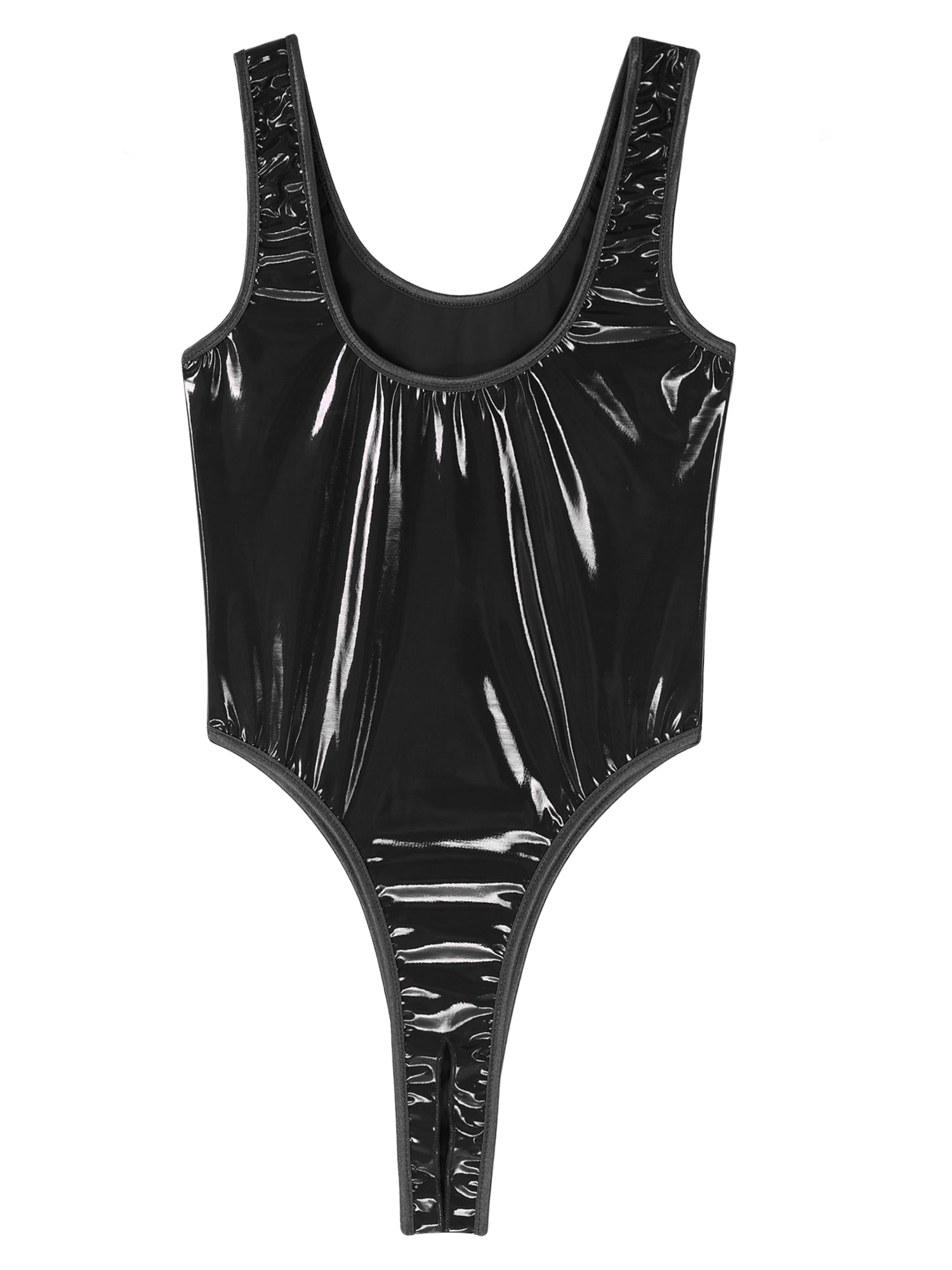 Womens Lingerie Crotchless Bodysuit Swimsuit U Neck Wet Look Patent Leather Clubwear High Cut Backless Catsuit Pole Dance Outfit
