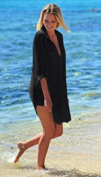 Sexy Beach Cover Up Women Bikini Pocket Swimsuit Cover Up Hollow Out T-shirt White Bathing Suit Cover-Ups Tunics Beachwear Robe