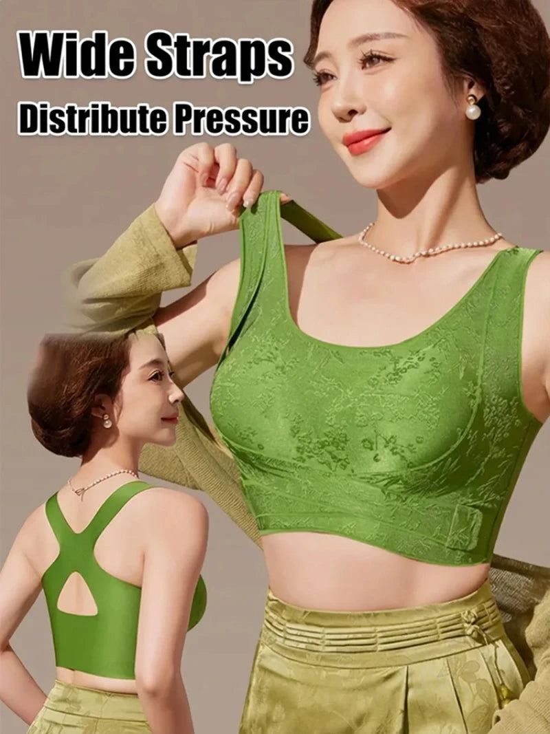 Embossed Floral Tank Bra Women’s Seamless Wirefree Bra Side Buckle Push Up Anti-Sag Comfort Everyday Underwear