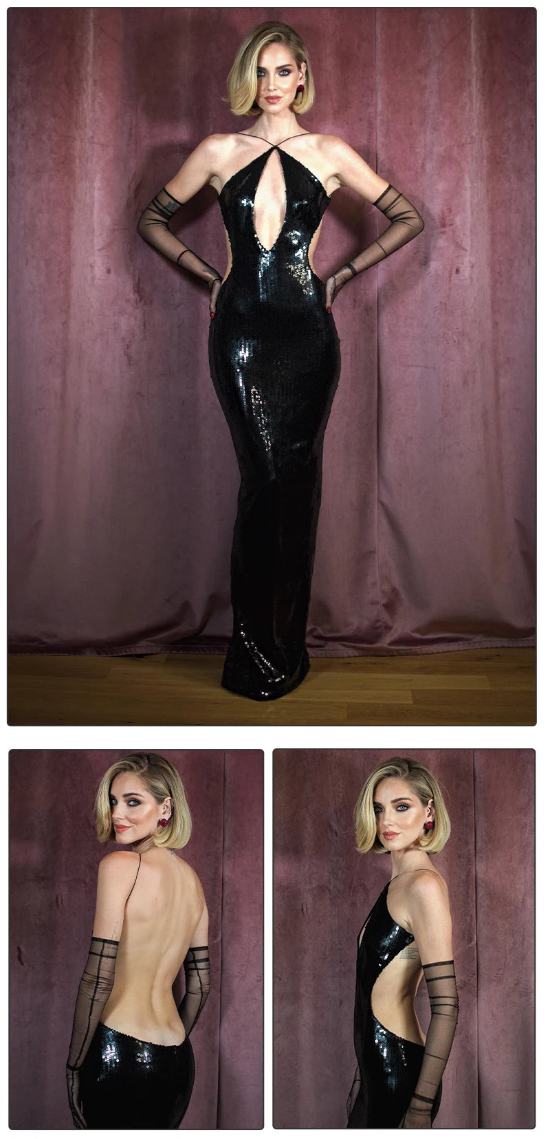 Sexy Sequin Halter Black Long Dress with Deep Plunge Cut-out – Summer New Backless Club Nights DJ Party Birthday Evening Dresses