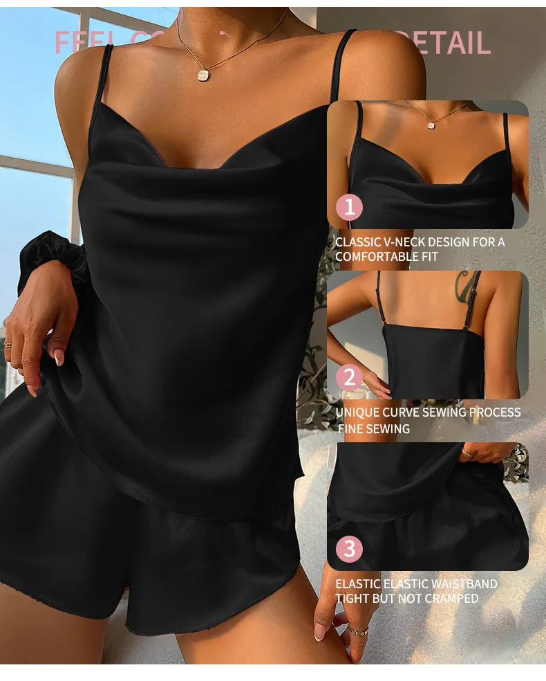 New 2026 Women’s Silk Satin Pajama Set Sexy Lingerie Sleeveless Camisole Tanks with Elastic Waist Sleepwear Loungewear Underwear