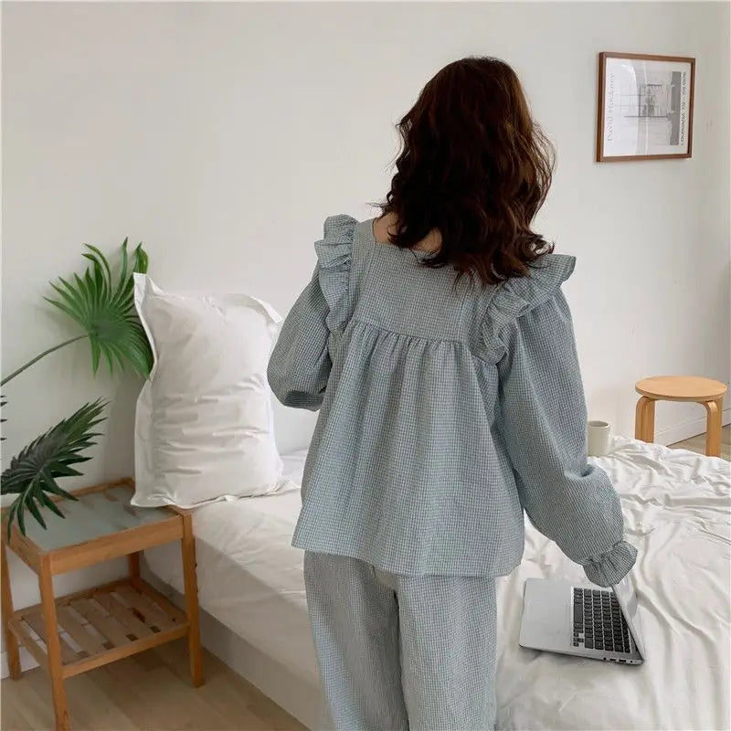 Pajama Sets Women Plaid Harajuku Schoolgirl Sweet Style Autumn Simple Sleepwear Square Collar Ins Popular Lovely Nightwear Daily