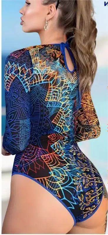 New Women's Fashionable and Sexy Printed Long Sleeved Swimsuit with Cup Cover Sun Protection Mesh Fabric One-piece Swimsuit