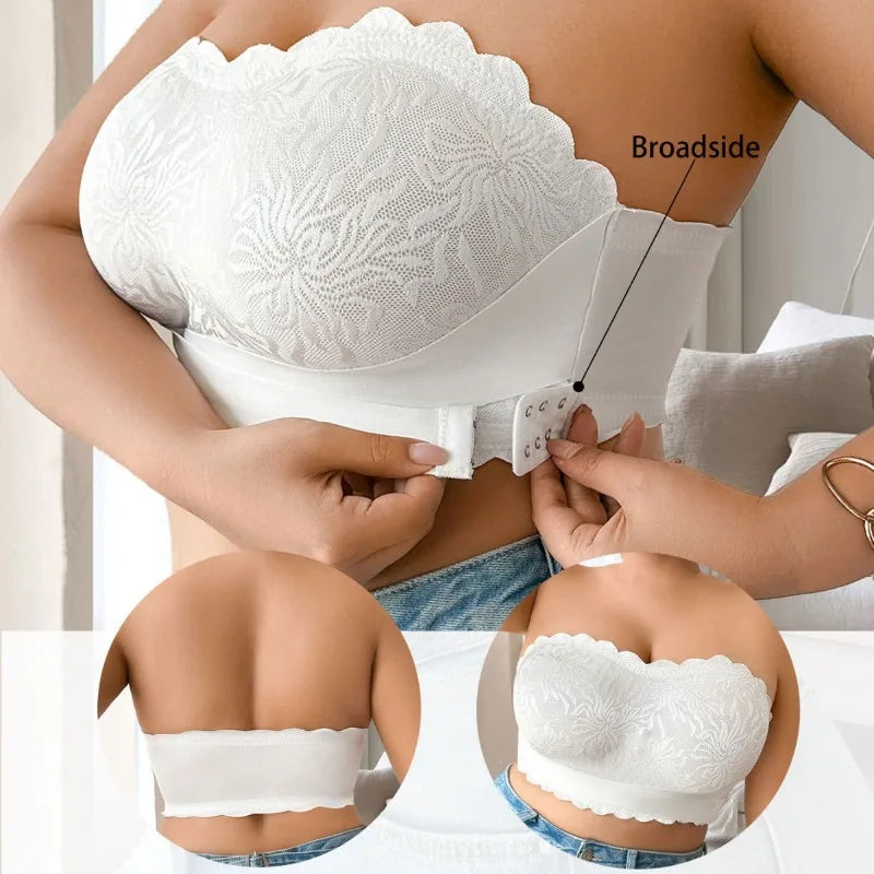 Strapless Bra 5XL Plus Size, Invisible Stick On Bustier with Lace & Adhesive, No Slip Backless Bra for Wedding Dress