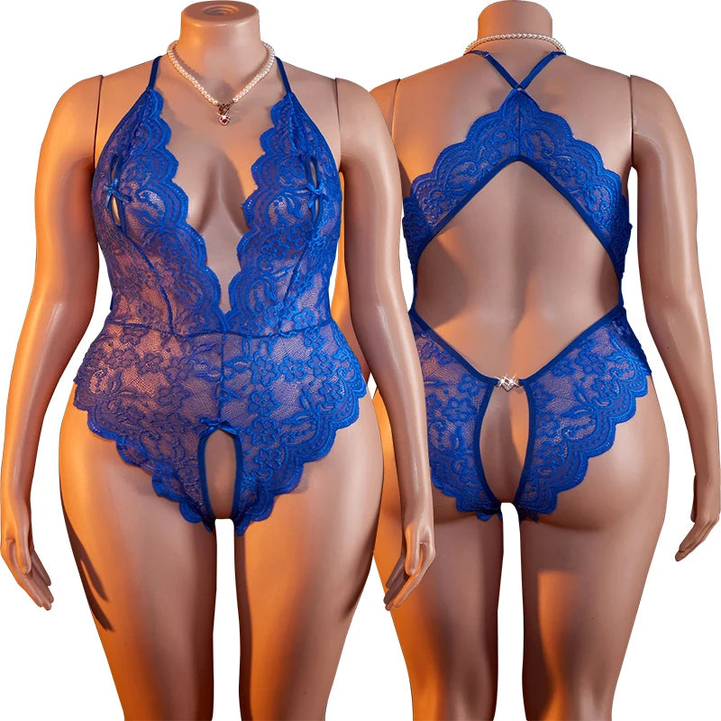Women's Plus Size Babydoll Chemises Erotic Lingerie Sexy Crotchless Bodysuit Temptation Pajamas Lace V Neck Mini Baby Doll Dress