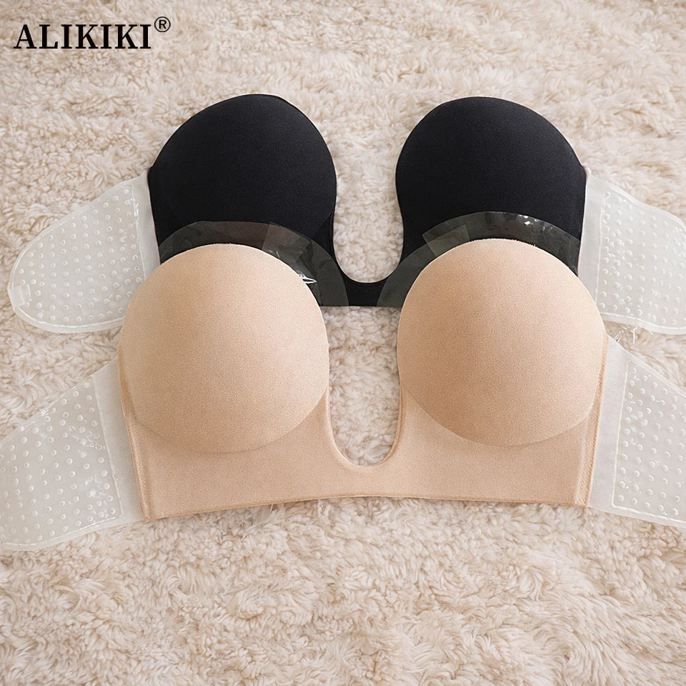 Strapless Push Up Bras Deep Plunge U Shape Non Slip Seamless Bra Backless Adhesive Invisible Lift Underwear