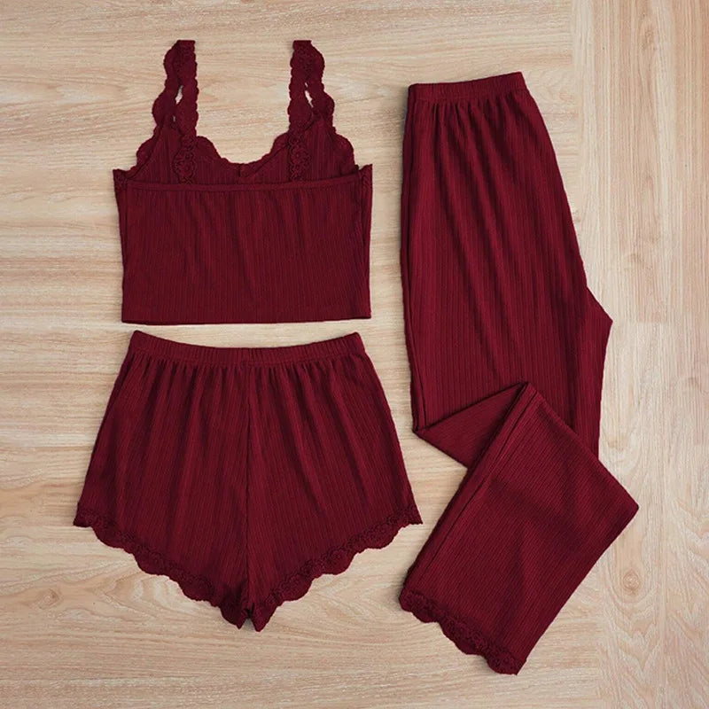 Summer 3PCS Pajama Sets for Women's Solid Vest Shorts and Pants Paired with Lace Splicing for Homewear Sexy Sleepwear Sets