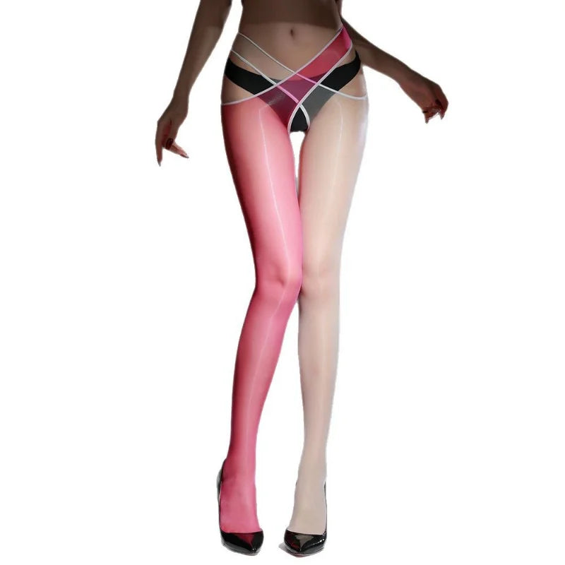 Women Sexy Stockings Oil Shiny Glossy Transparent Pantyhose Elastic Separate Cross Waisted Hollow High Socks Exotic Lingerie