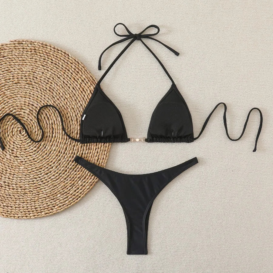 New Two-Piece Bikini Set Sexy Triangle Tie-Up Swimsuit Beach Vacation Swimwear Summer Trendy Top Bottom Beachwear Resort Outfit