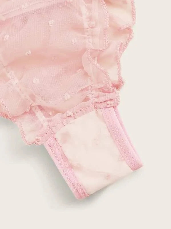 Women's Sexy Lingerie Set Mesh Lace Ruffle Cute Dot Transparent Bra and Panty Wireless Thong Bandage Exotic Sets