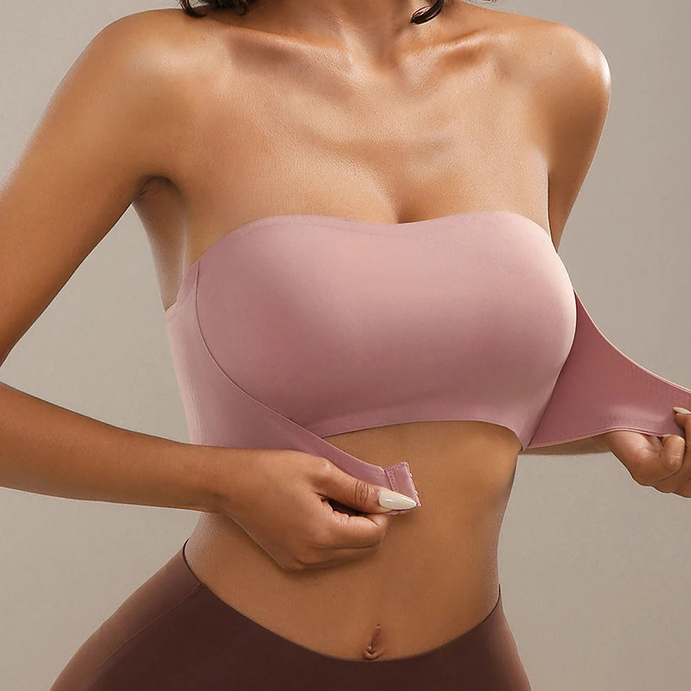Women's Strapless Push Up Bra Sexy Seamless No Padding Front Button Bra Comfortable Smooth Backless Non Slip Unlied Brassiere