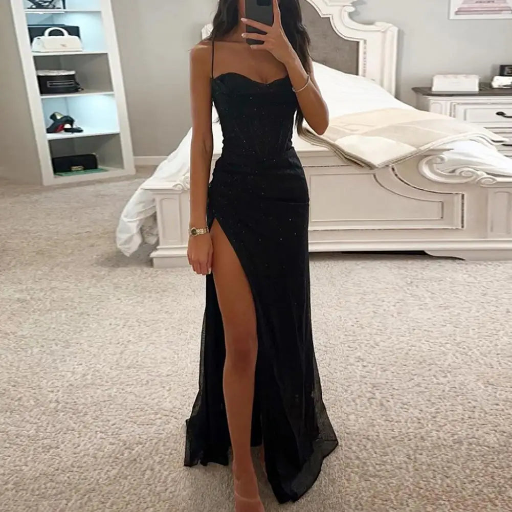 Sexy Women Evening Dress Spaghetti Strap Shiny Sequin Sleeveless Off Shoulder Low-cut High Split Prom Dress Long Party Dress