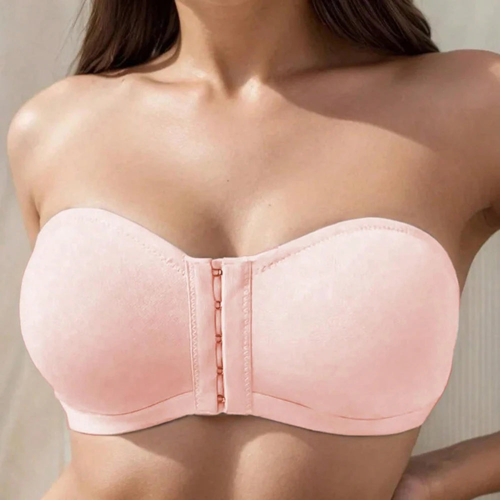 Women's Strapless Front Closure Push Up Unlined Bra Non-Slip Bandeau Brassiere Seamless Wireless Tube Top No Show Bralette