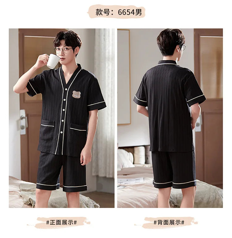 Summer Couple Pajamas Sets Cartoon Men Sleepwear Leisure Cotton Short Sleeve Women Kimono Homewear pijama Homme Mujer Dropship