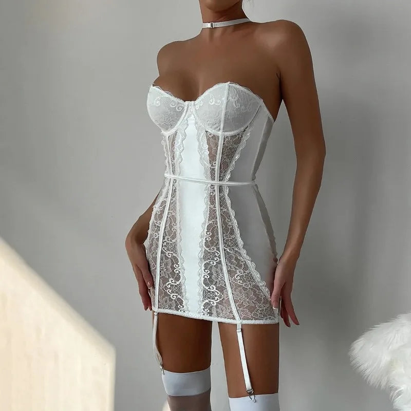 Women's Lingerie Sexy Nightwear Lace Spliced Sensual Night Dress Strapless Backless Babydolls Garter Club Sexy Erotic Costumes