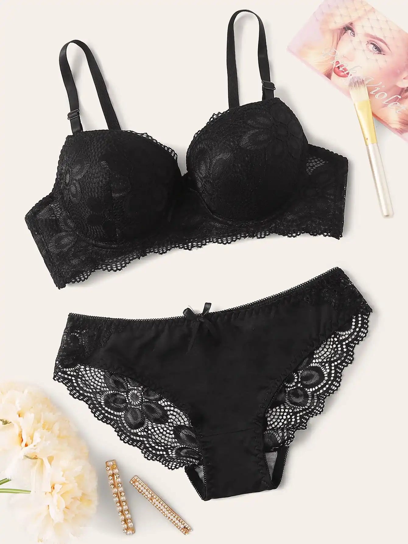Viomisha Sexy Lingerie Set Lady Push Up Bras Set Transparent Floral Underwire Intimate Pretty Lace Underwear Panty Set