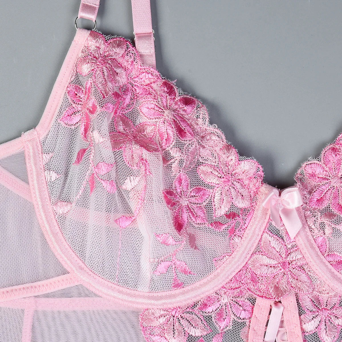 Ellolace Fancy Sexy Lingerie 3-Piece Corset Lace Up Beautiful Bodysuits With Stocking Luxury G-String Pink Intimate Goods 4PCY