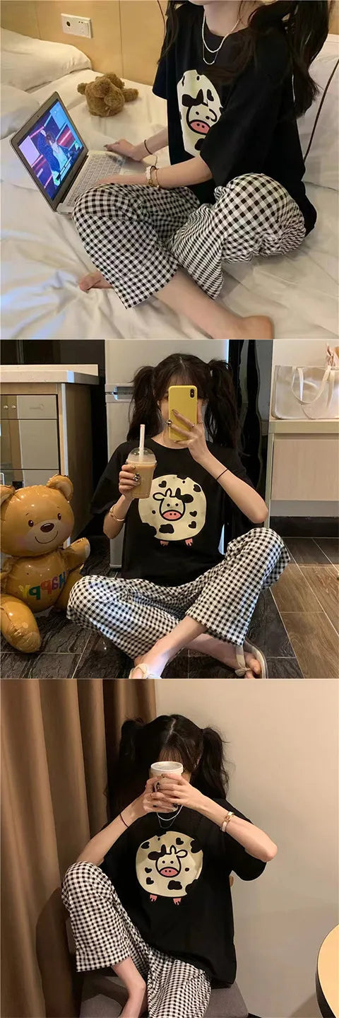Women Pajamas Two-pcs Set Homewear Sleepwear Pajama Set Summer Ladies Comfortable Clothing Girls Cartoon Half-sleeved Long Pants
