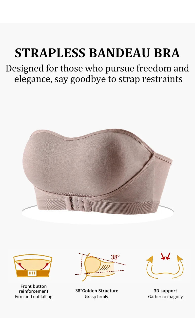 Daily Strapless and Wireless Women's Front Button Bra, Seamless Chest pad Comfortable Push-up Trendy Solid Color Lingerie
