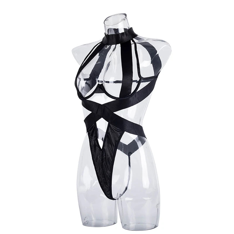 Women Sexy Lingerie Babydoll Dress Porn Underwear Bandage Hanging Neck Hollow Temptation Erotic Costumes Gathered Bra Bodysuits