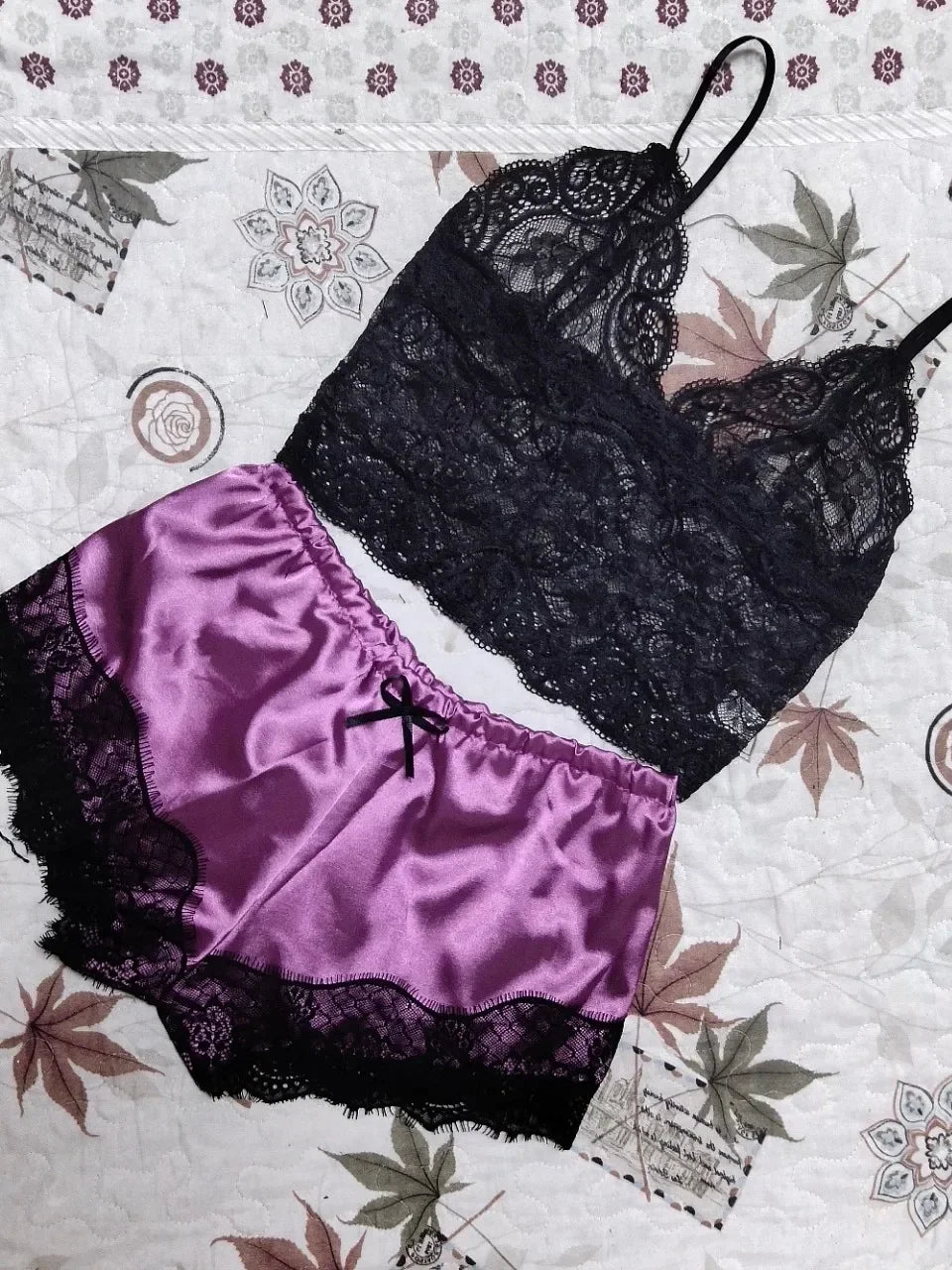 Pajama Sets Women Lace Silk Sleepwear Sexy Lingerie Crop Tops and Shorts Babydoll Nightwear Loungewear Pijamas