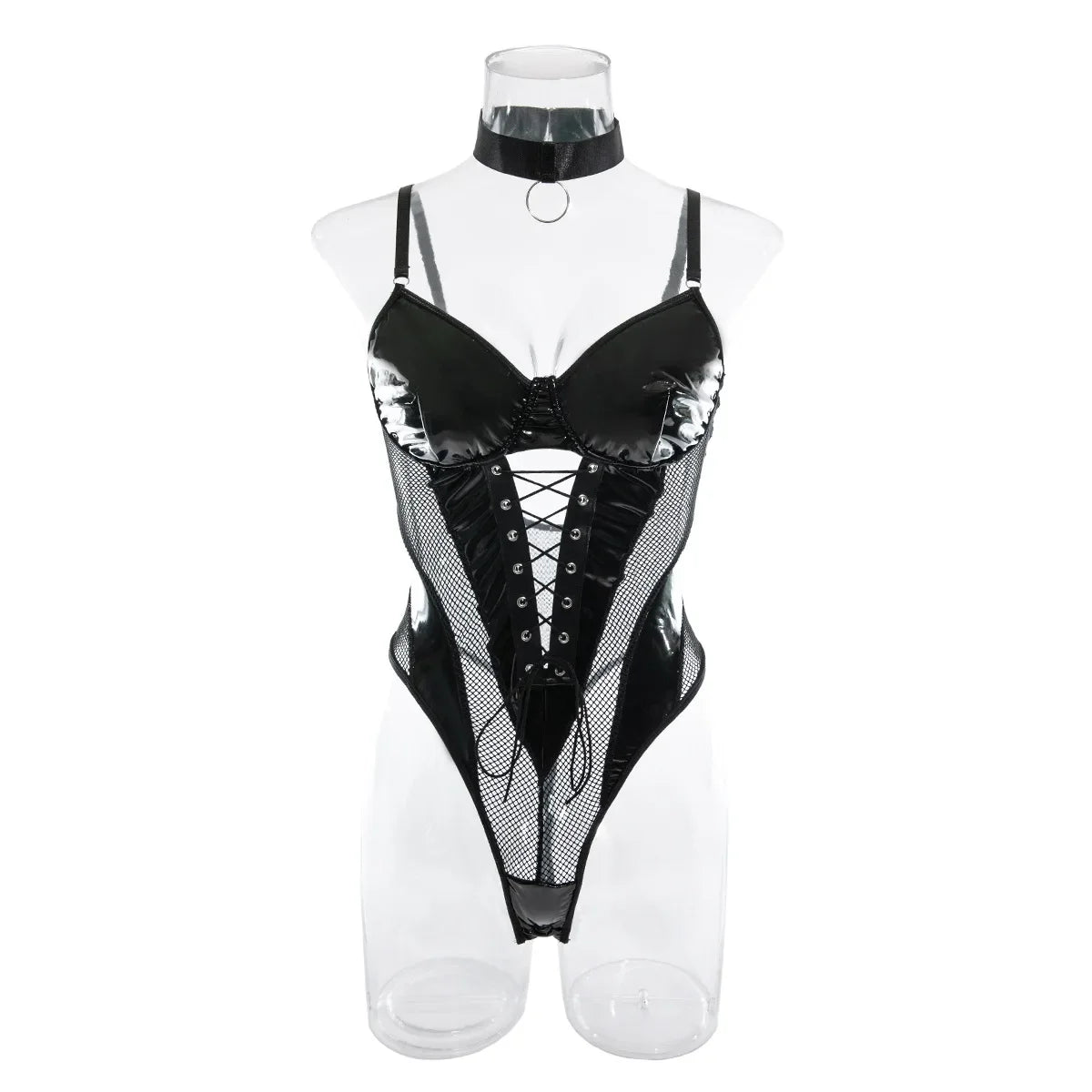 Latex Bodysuit Sexy Lace Up Hollow Tops Black Patchwork Fetish PU Body Sissy Leather Crotchless Tight sexy lingerie costume