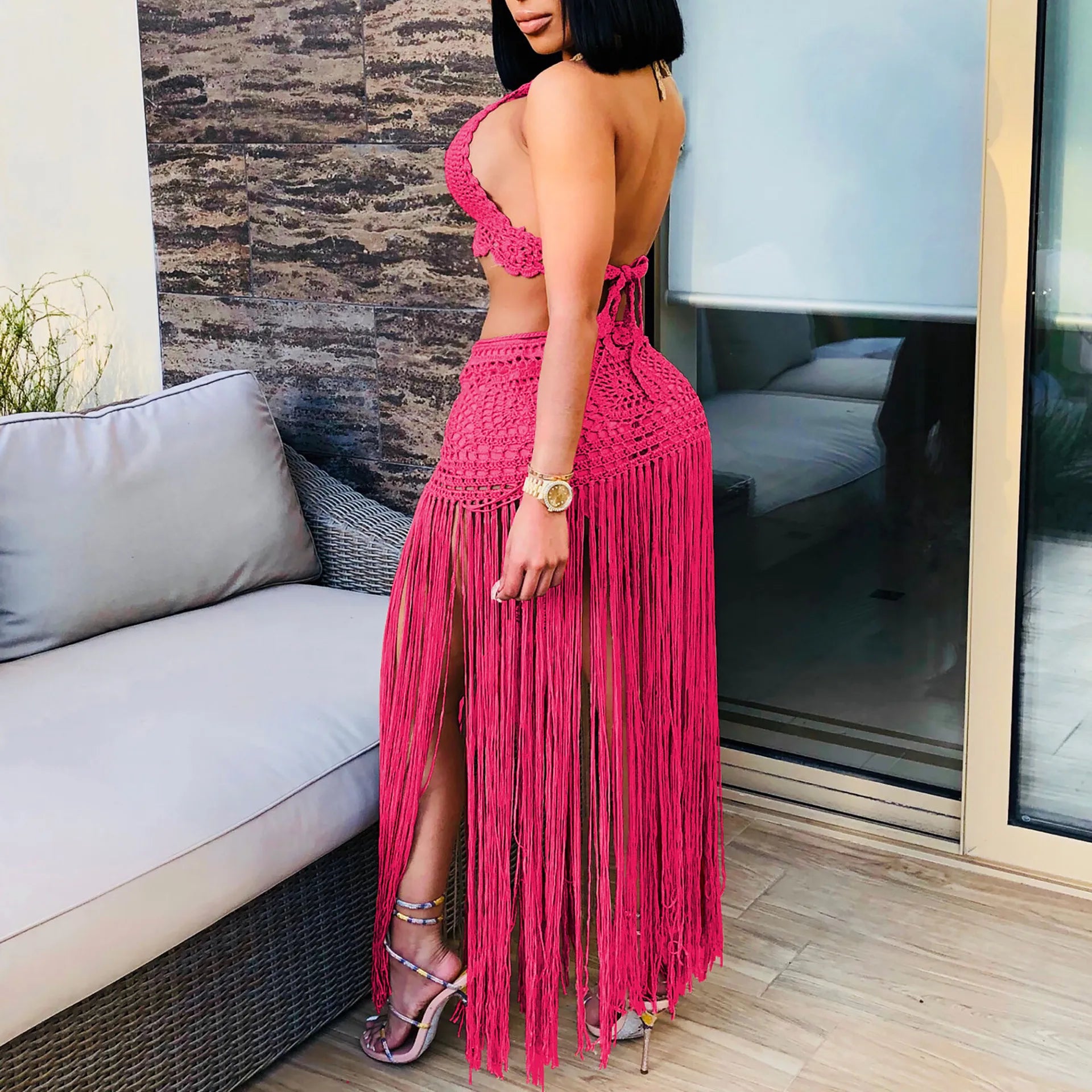 New Women's Two Pieces Swimsuits Beach Style Knitted Bikini Tops High Waist Tassel Long Skirts Female Sexy Cover Up Bikini Sets