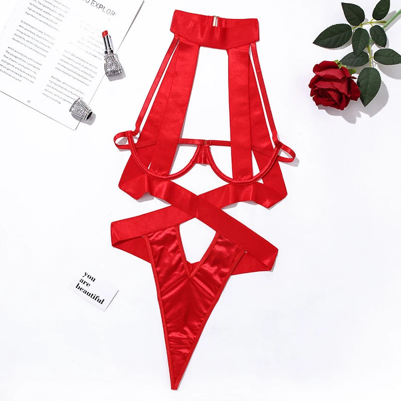 Ellolace Bandage Sexy Lingerie Bodysuit Women Halter Hollow Out Exotic Clothes Black Porn Bottom Sissy Hot Sensual Body