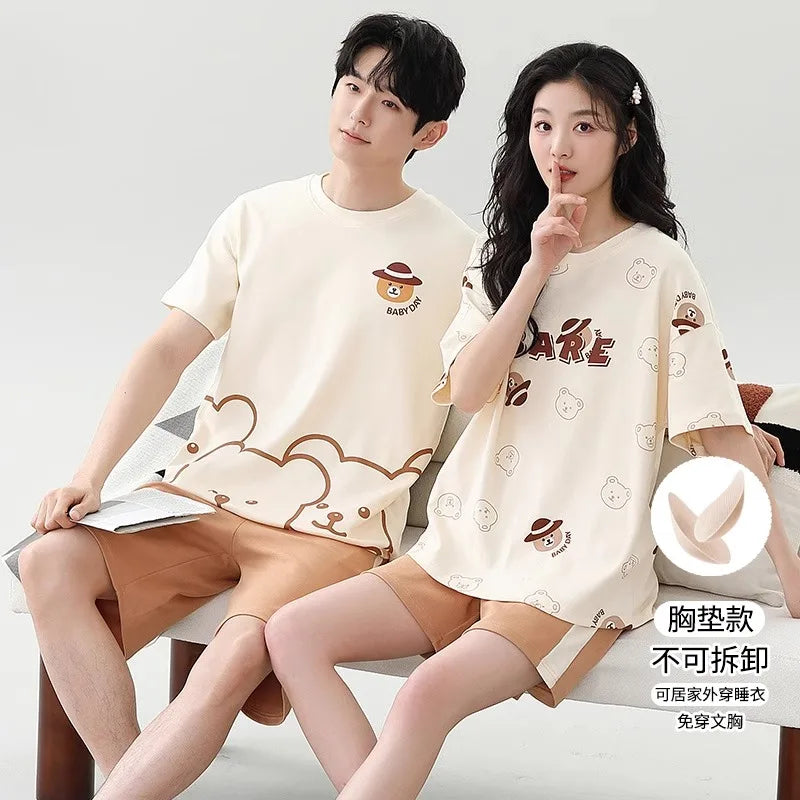 Lovers Pajama Set Cotton Cartoon Cute Nightwear For Men Women Homewear Plus Size Summer Thin Pyjamas Couples Pjs Loungewear