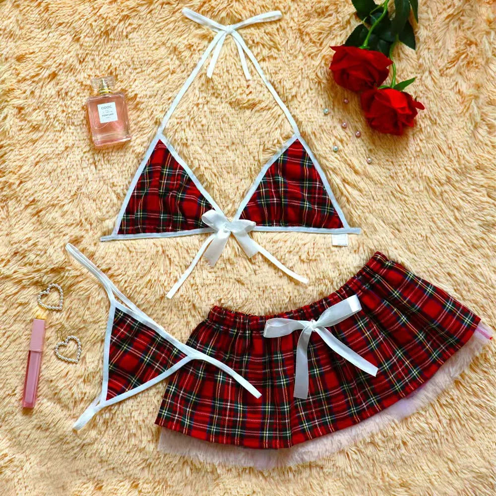 Female student lingerie set, women's plaid skirt, suspender bra, 3-piece set, role-playing game set