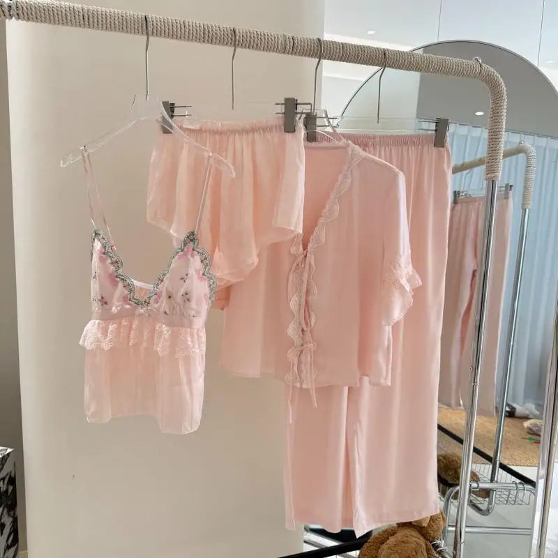 2025 Summer New Pajamas Lingerie Set Sexy Sweet Lace Trim Cami Shorts Shirt Pants Rayon Home Clothes Loungewear Nightwear