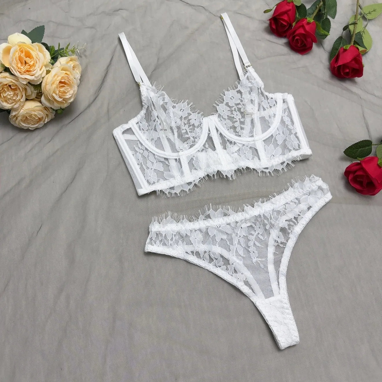 Sexy Lingerie Women Outfits Sheer Lace Corset Set Transparent 2-Piece Bra Set Girdle with Adjustable Straps Erotic Underwear