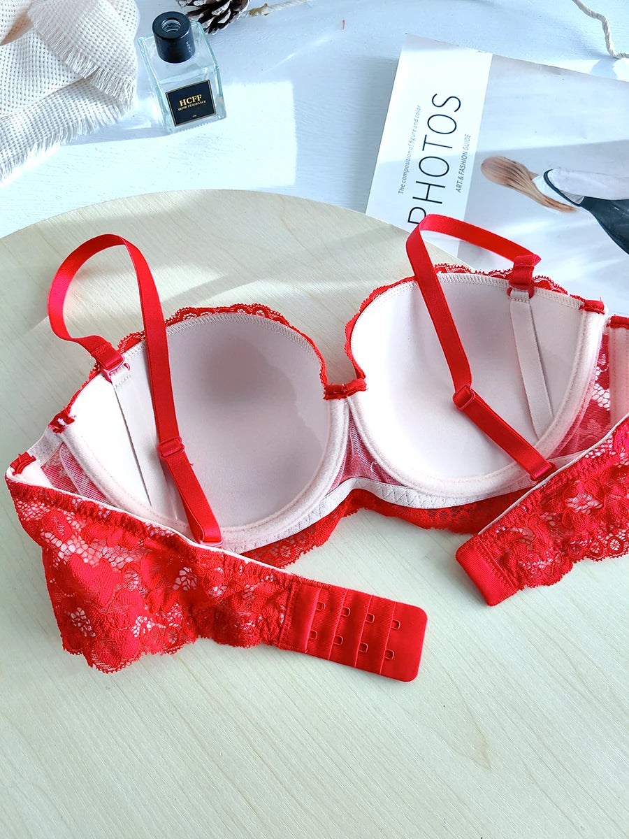 Removable double straps sexy lace gathered soft steel ring bra up support small breasts show large half cup underwear