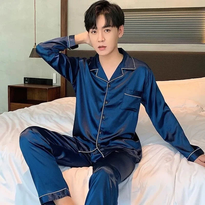 High Quality Men's Casual Pajama Sets Fashion Satin Long Sleeve Lapel Tops and Pants Homewaer Suit Men Comfort Lounge Sleepwear