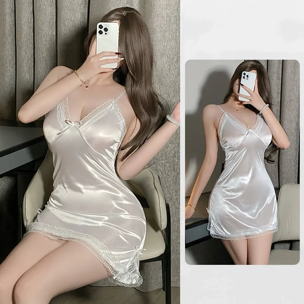 Sexy Lingerie for Women Satin Suspender Nightdress & Lace Teddy Bodysuit Sheer Thong Pajama Set  Bow Accents Slit Chemise