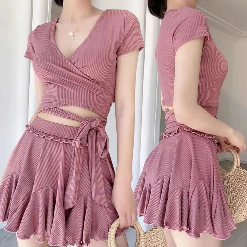 Women'sSwim Set Ribbed V Neck Wrap Crop Top With Tie Waist And Ruffled Flared Skirt Cover Up Modest Summer Bathing Suit Swimwear