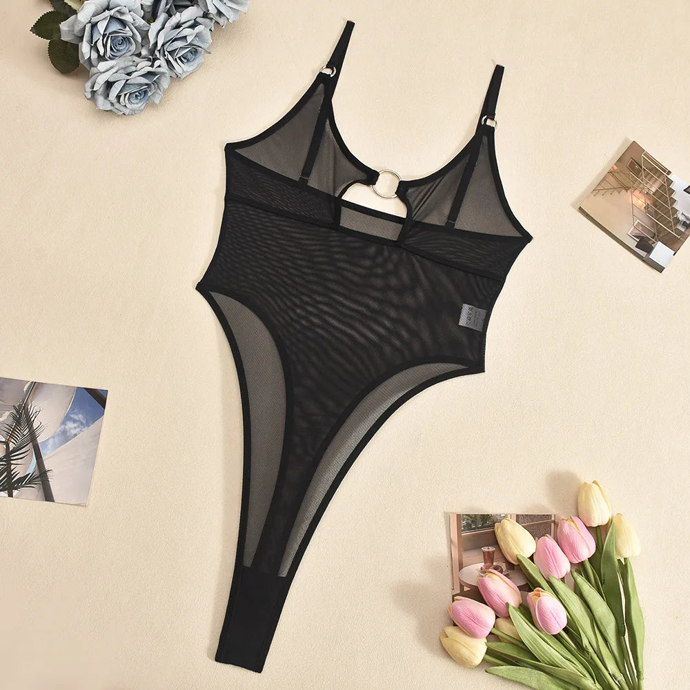 Sheer Mesh Bodysuit Open Back Lingerie Sexy See-Through Teddy Cut Out Front Daring Provocative Underwear Bodysuit for Women