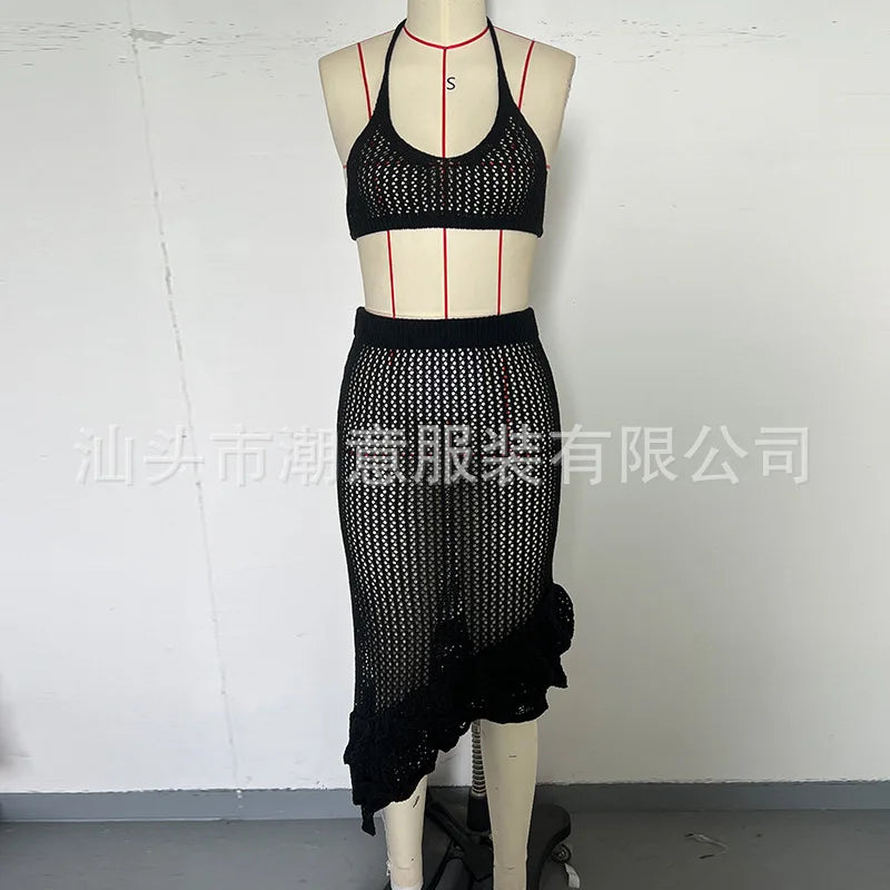Sexy Women Bikini Two Piece Crochet Set Sleeveless Hollow Out Crop Top and Ruffled Skirt Outfit Summer Beach Knitted Cover Ups