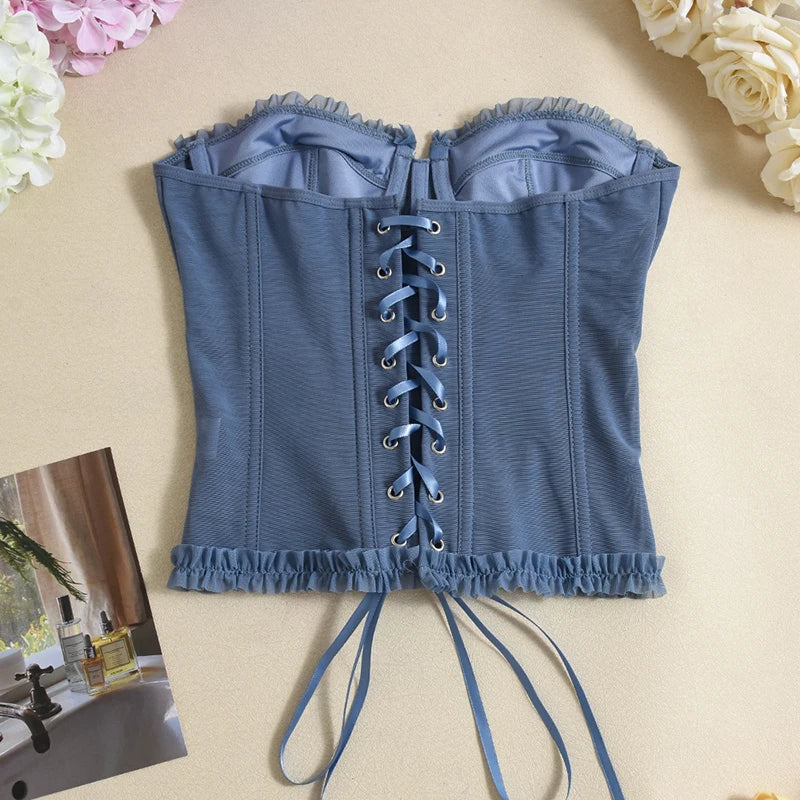 Women Sheer Lingerie Streetwear Lace-up Bustier Corset Tops Slim Backless y2k Tank Top Strapless Striped Sheath Sexy Camisole