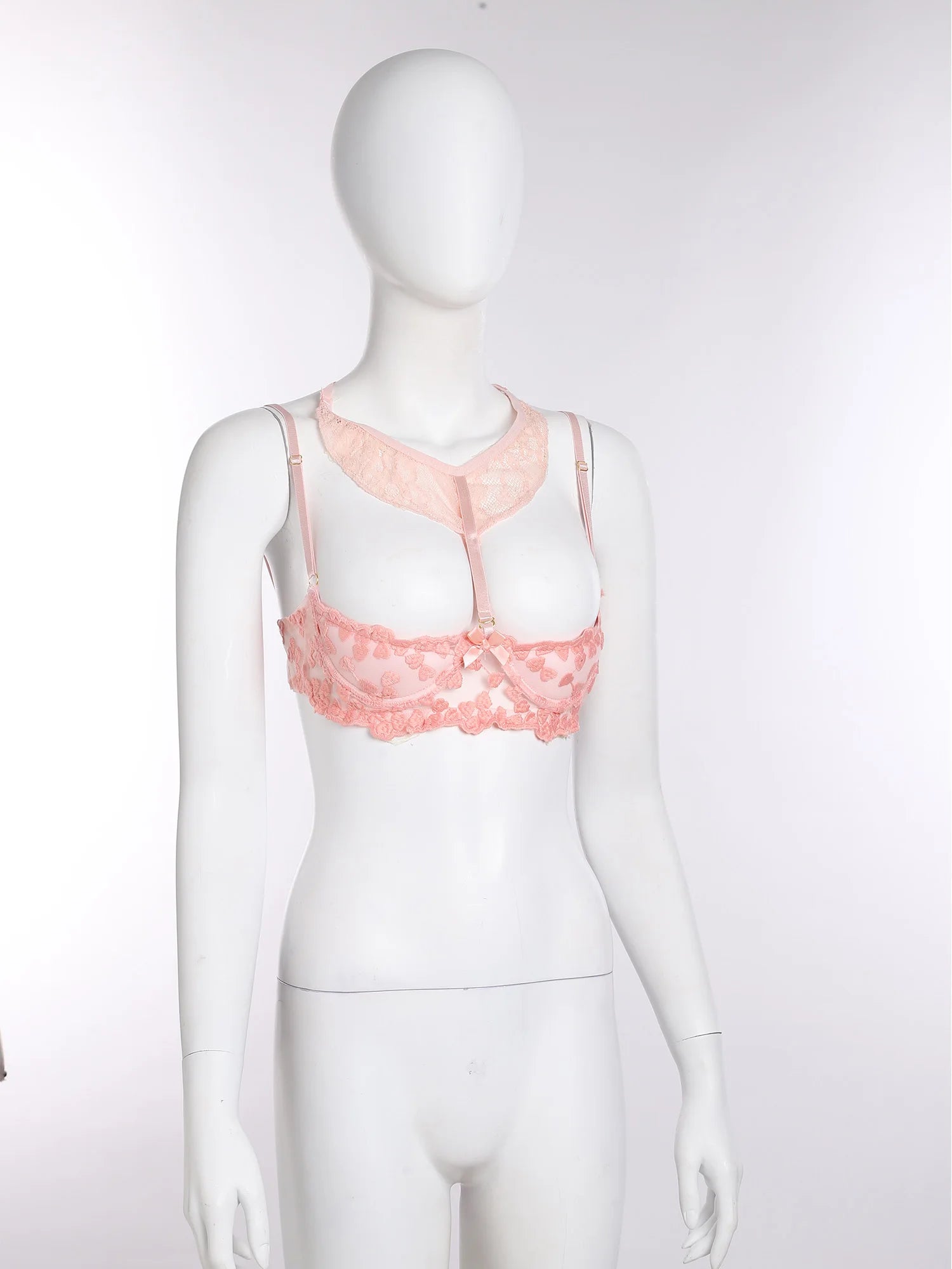 Women Padded Cup Push-up Underwire Bra Balconette Lingerie 1/4 Cup Floral Lace Single Bra Exposed Nipples Chest Halter Brassiere