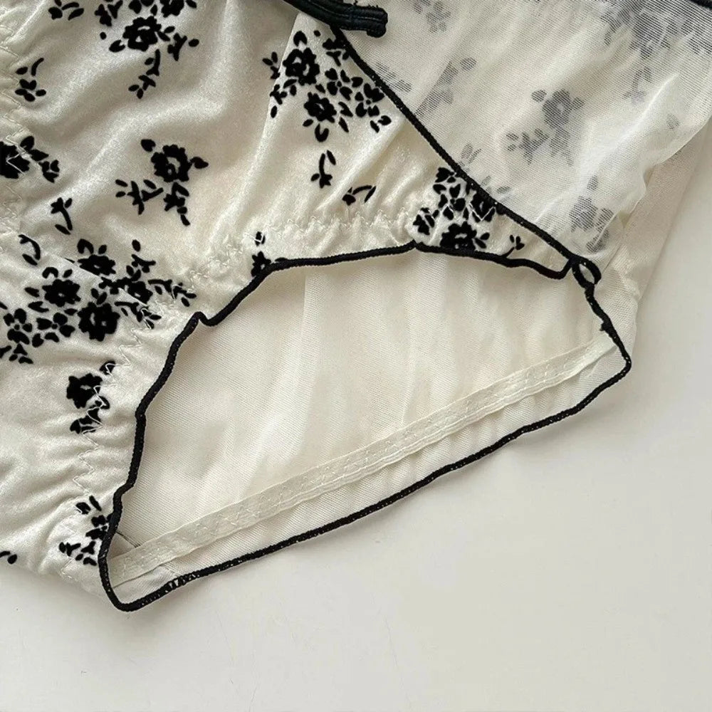 Lingerie Low Waist Women Underwear Ruffle Mesh Chinese Style Briefs Buckle Design Transparent Ice Silk Panties Retro Style